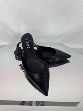 Versace Black Pointed Leather Slingback Flats